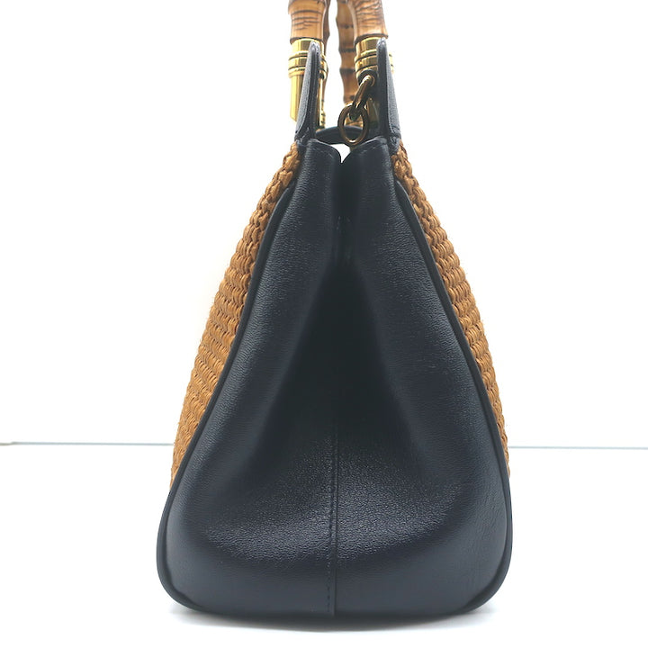 Gucci Dahlia Bamboo Handle Tote Brown Straw &amp; Navy Leather Crossbody Bag NEW