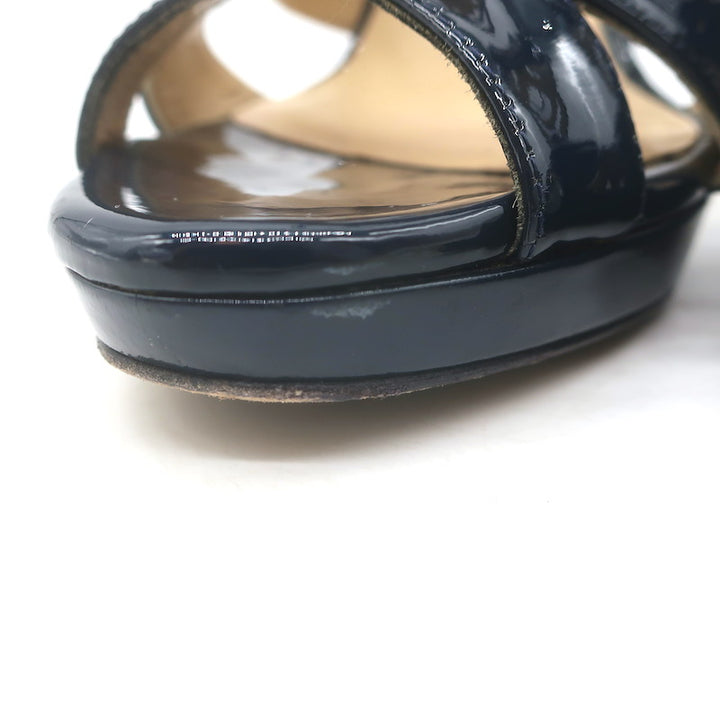 Jimmy Choo Collar Cutout Sandals Navy Patent Leather Size 37 Peep Toe Heels