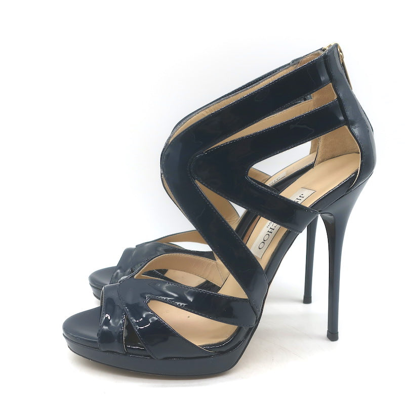 Jimmy Choo Collar Cutout Sandals Navy Patent Leather Size 37 Peep Toe Heels