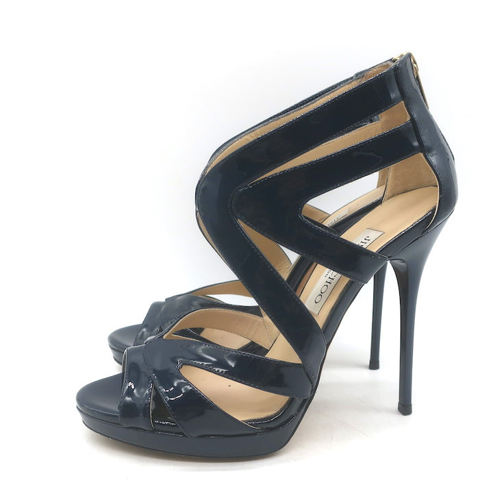 Jimmy Choo Collar Cutout Sandals Navy Patent Leather Size 37 Peep Toe Heels