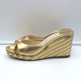 Jimmy Choo Almer 105 Metallic Woven Wedge Sandals Gold Leather Size 38