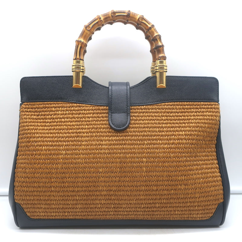 Gucci Dahlia Bamboo Handle Tote Brown Straw &amp; Navy Leather Crossbody Bag NEW
