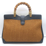Gucci Dahlia Bamboo Handle Tote Brown Straw & Navy Leather Crossbody Bag NEW