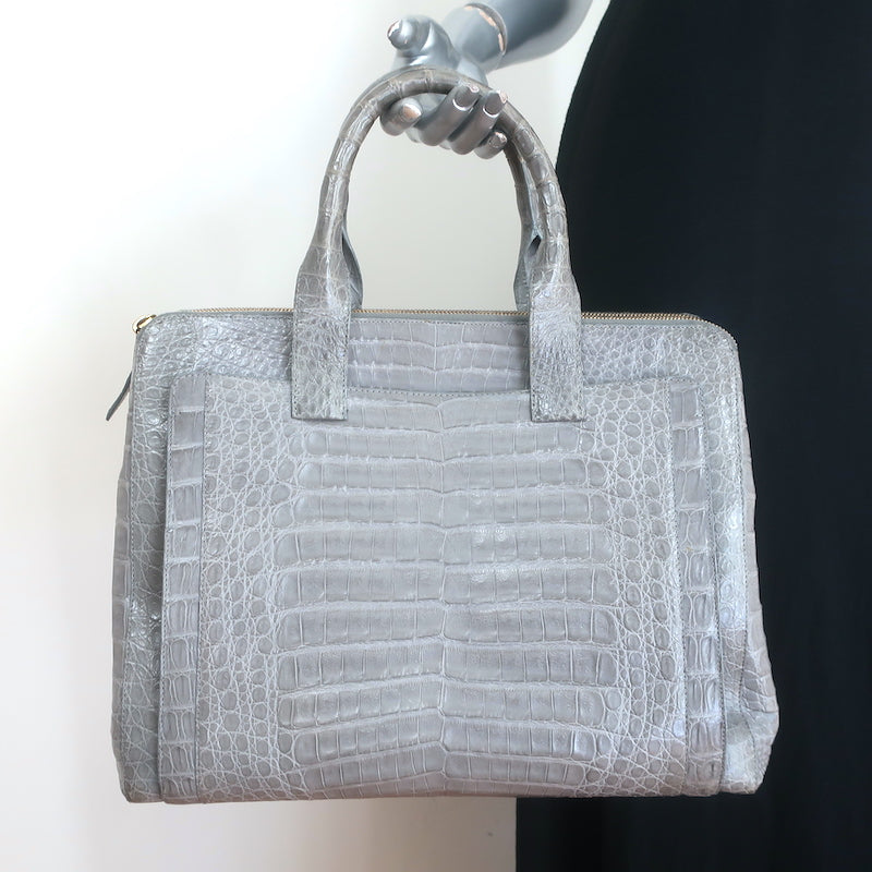 Nancy Gonzalez Leather Top Handle Bag Gray Large Crossbody
