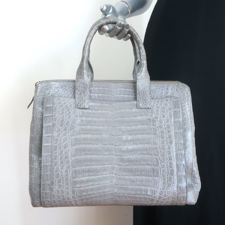 Nancy Gonzalez Leather Top Handle Bag Gray Large Crossbody