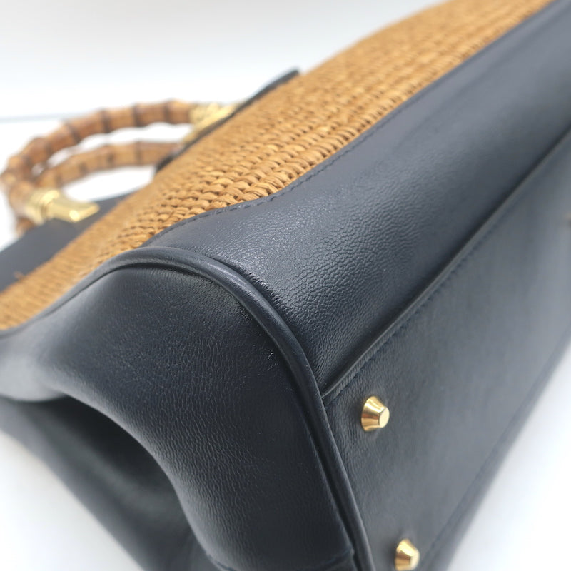 Gucci Dahlia Bamboo Handle Tote Brown Straw &amp; Navy Leather Crossbody Bag NEW