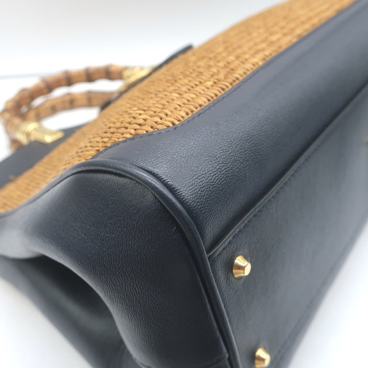 Gucci Dahlia Bamboo Handle Tote Brown Straw &amp; Navy Leather Crossbody Bag NEW