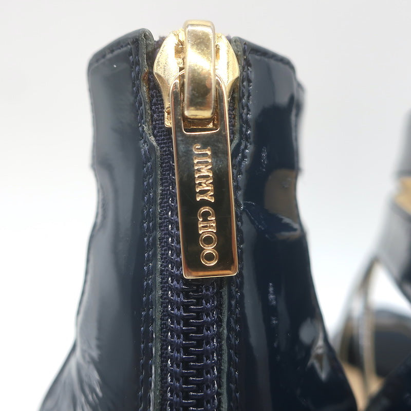Jimmy Choo Collar Cutout Sandals Navy Patent Leather Size 37 Peep Toe Heels