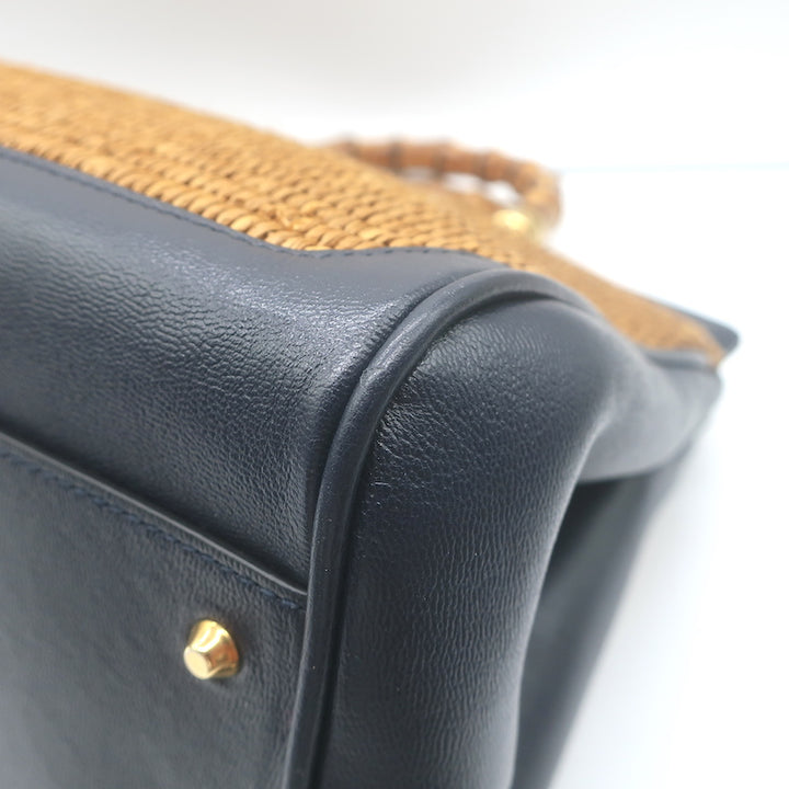 Gucci Dahlia Bamboo Handle Tote Brown Straw &amp; Navy Leather Crossbody Bag NEW
