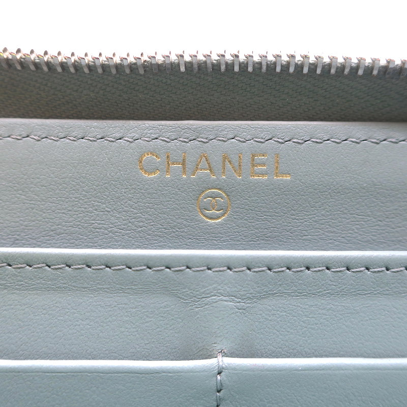 Chanel Quilted Caviar Leather Long Zip-Around Wallet Seafoam Blue