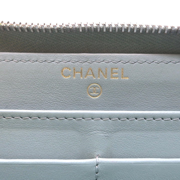 Chanel Quilted Caviar Leather Long Zip-Around Wallet Seafoam Blue