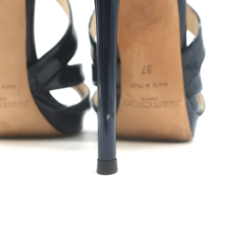 Jimmy Choo Collar Cutout Sandals Navy Patent Leather Size 37 Peep Toe Heels