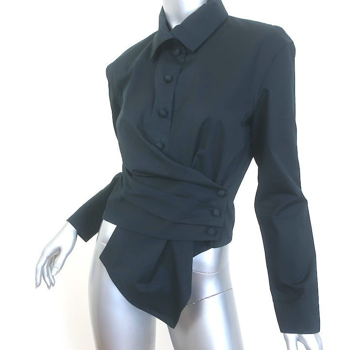 Tory Burch Asymmetric Wrap Shirt Black Cotton Poplin Size 4 Long Sleeve Top