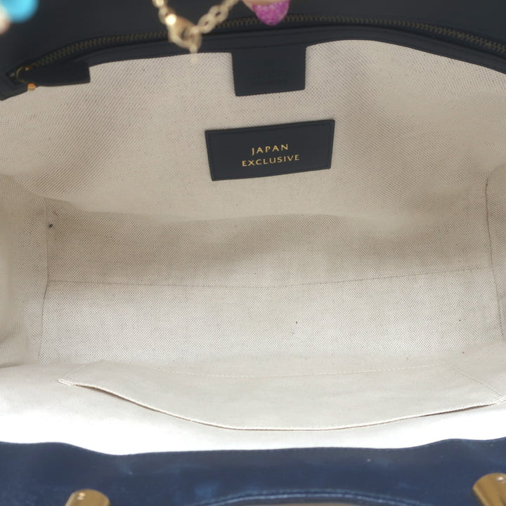 Gucci Dahlia Bamboo Handle Tote Brown Straw &amp; Navy Leather Crossbody Bag NEW