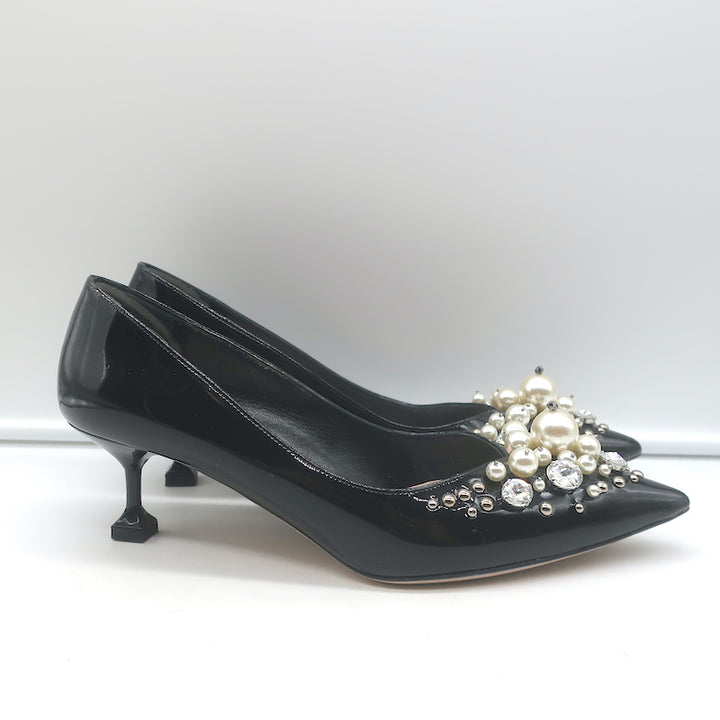 Miu Miu Pearl &amp; Crystal-Embellished Low-Heel Pumps Black Patent Leather Size 38