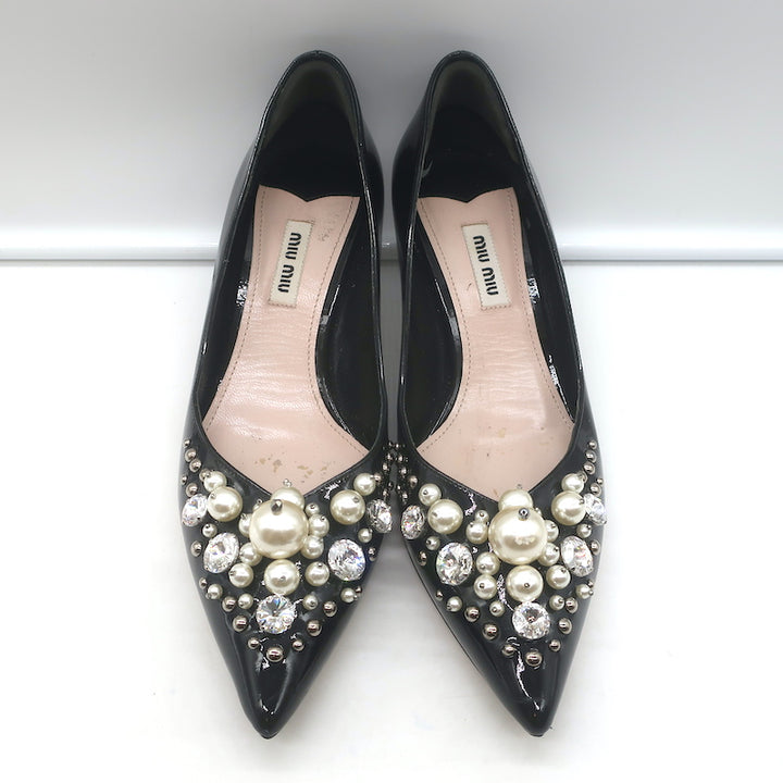 Miu Miu Pearl &amp; Crystal-Embellished Low-Heel Pumps Black Patent Leather Size 38