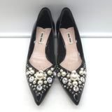 Miu Miu Pearl & Crystal-Embellished Low-Heel Pumps Black Patent Leather Size 38
