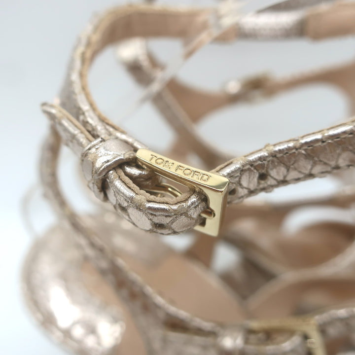 Tom Ford Paradis Cutout Wedge Sandals Champagne Snake-Embossed Leather Size 37.5