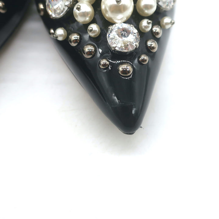 Miu Miu Pearl &amp; Crystal-Embellished Low-Heel Pumps Black Patent Leather Size 38
