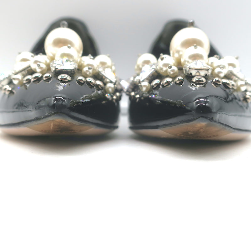 Miu Miu Pearl &amp; Crystal-Embellished Low-Heel Pumps Black Patent Leather Size 38