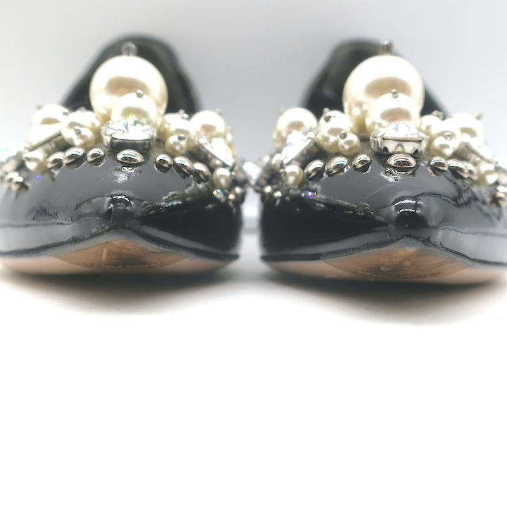 Miu Miu Pearl &amp; Crystal-Embellished Low-Heel Pumps Black Patent Leather Size 38