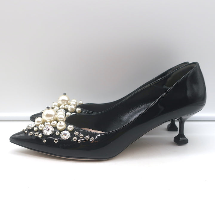 Miu Miu Pearl &amp; Crystal-Embellished Low-Heel Pumps Black Patent Leather Size 38
