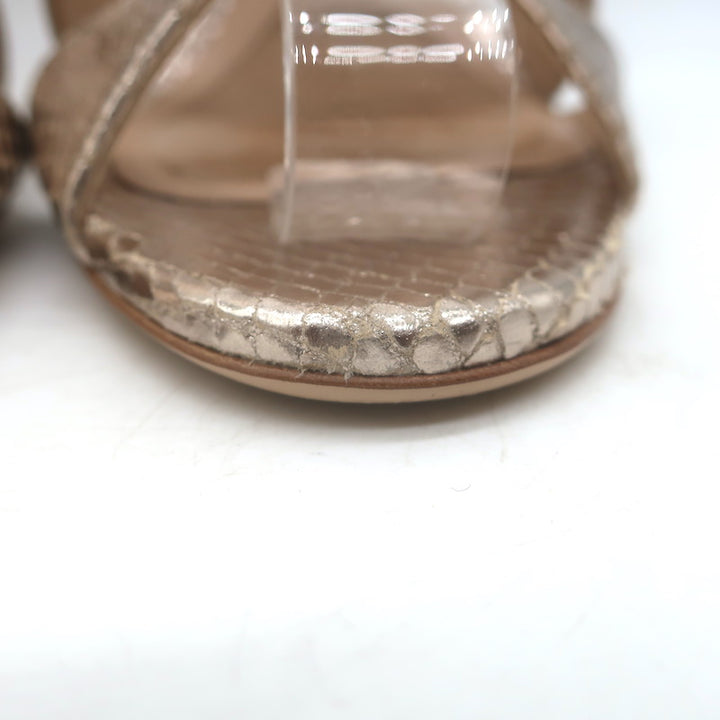 Tom Ford Paradis Cutout Wedge Sandals Champagne Snake-Embossed Leather Size 37.5