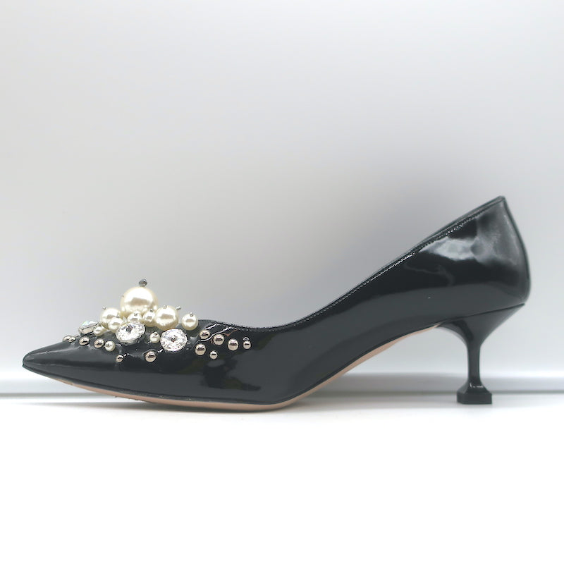 Miu Miu Pearl &amp; Crystal-Embellished Low-Heel Pumps Black Patent Leather Size 38