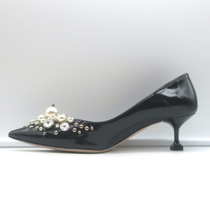 Miu Miu Pearl &amp; Crystal-Embellished Low-Heel Pumps Black Patent Leather Size 38