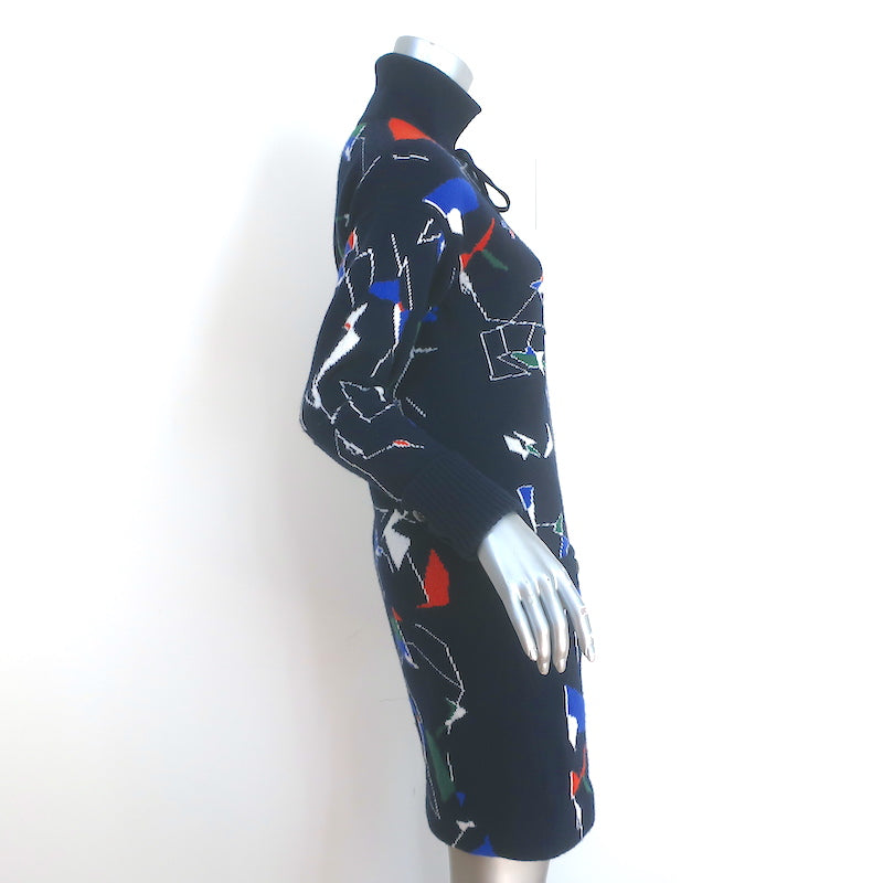 Chanel Globalization Cashmere Dress Navy Intarsia Knit Size 38 Long Sleeve Mini