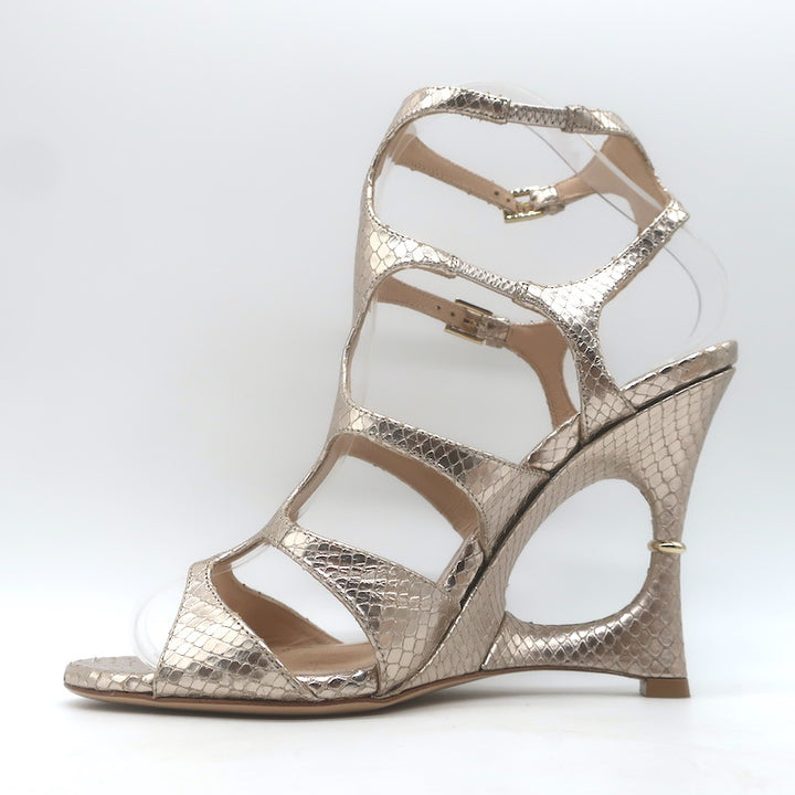 Tom Ford Paradis Cutout Wedge Sandals Champagne Snake-Embossed Leather Size 37.5