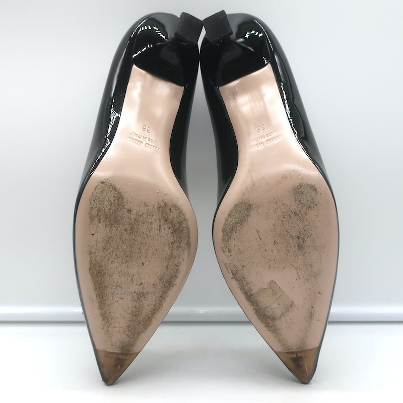Miu Miu Pearl &amp; Crystal-Embellished Low-Heel Pumps Black Patent Leather Size 38