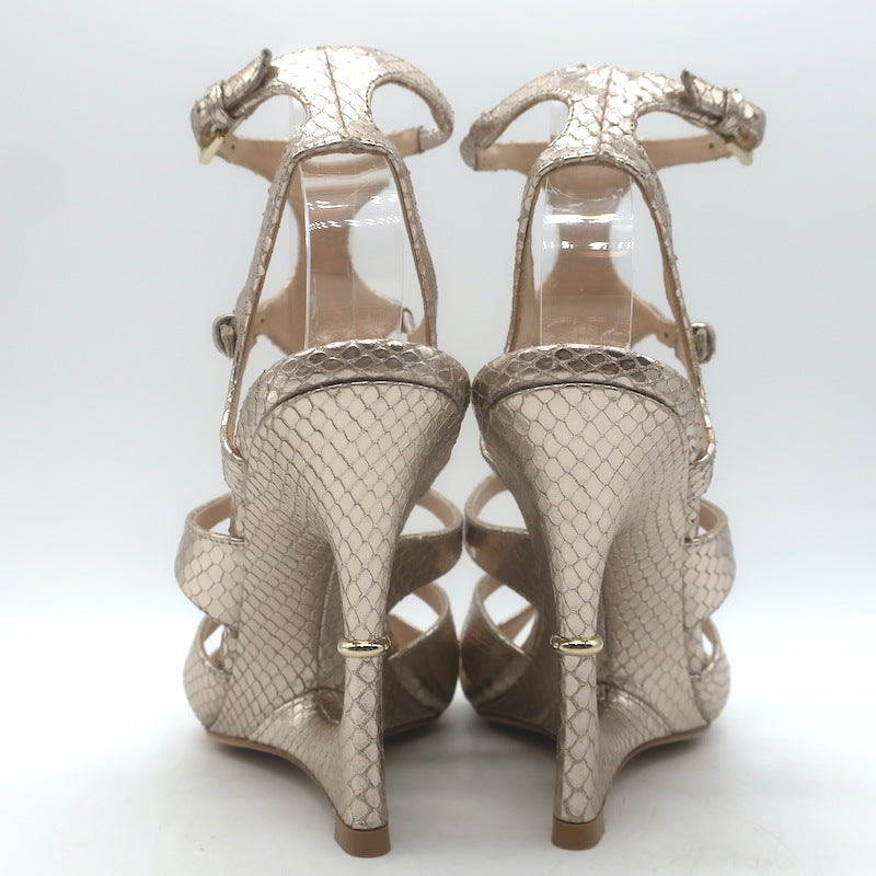 Tom Ford Paradis Cutout Wedge Sandals Champagne Snake-Embossed Leather Size 37.5