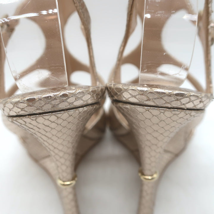 Tom Ford Paradis Cutout Wedge Sandals Champagne Snake-Embossed Leather Size 37.5