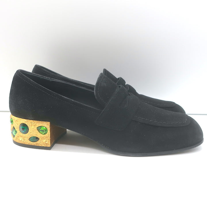 Prada Jewel-Heel Penny Loafer Pumps Black Suede Size 38.5
