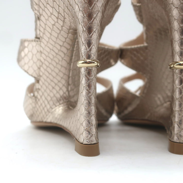 Tom Ford Paradis Cutout Wedge Sandals Champagne Snake-Embossed Leather Size 37.5