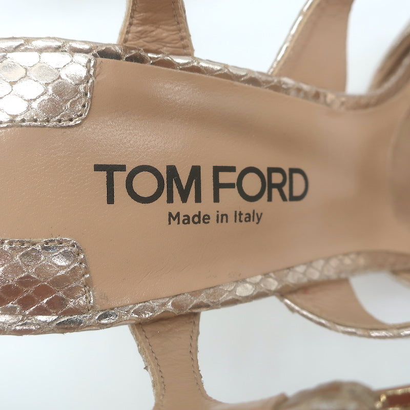 Tom Ford Paradis Cutout Wedge Sandals Champagne Snake-Embossed Leather Size 37.5