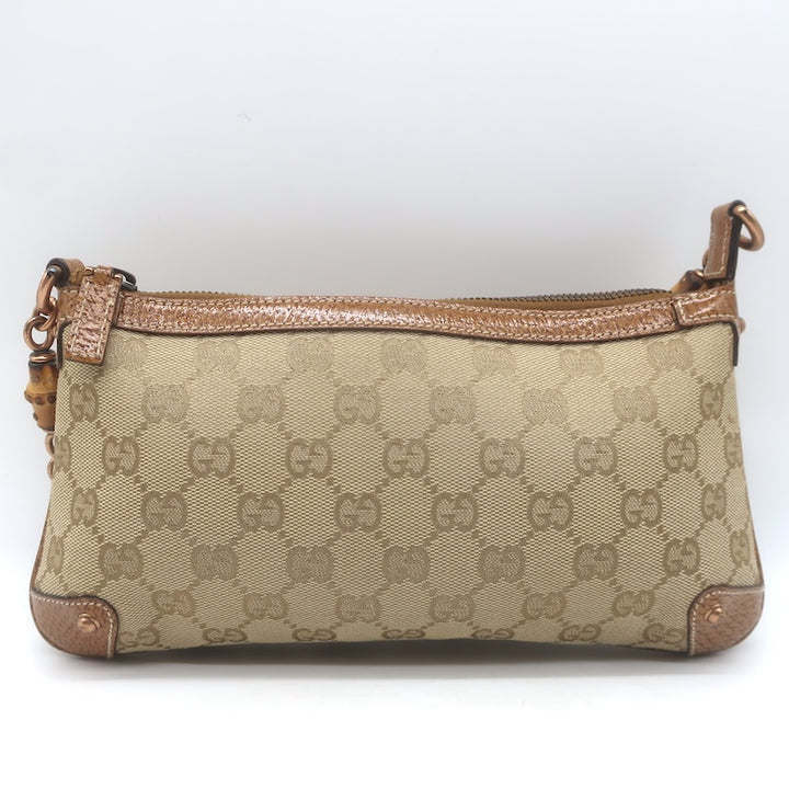 Gucci Bamboo Chain Strap GG Monogram Canvas Pochette Beige Small Shoulder Bag