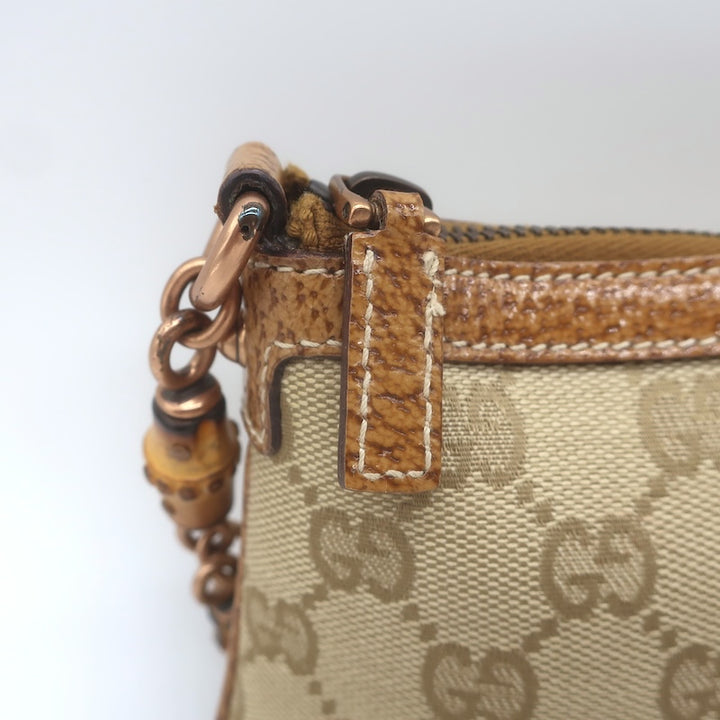 Gucci Bamboo Chain Strap GG Monogram Canvas Pochette Beige Small Shoulder Bag