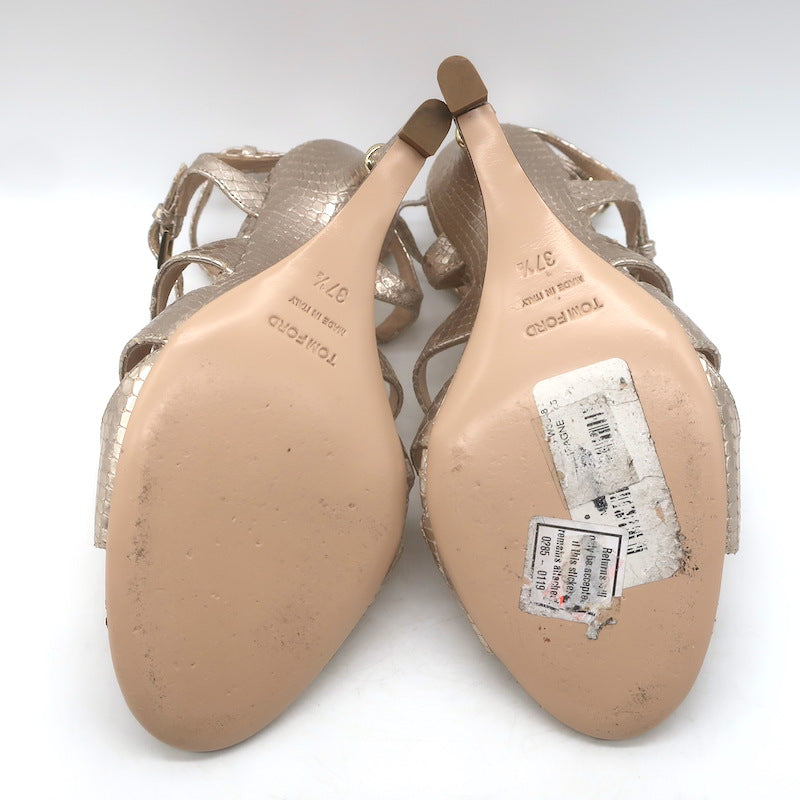Tom Ford Paradis Cutout Wedge Sandals Champagne Snake-Embossed Leather Size 37.5
