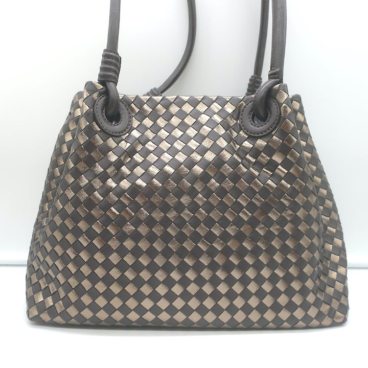 Bottega Giotti Woven Medium Shoulder Bag Gold Metallic &amp; Brown Leather NEW