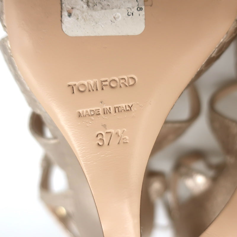 Tom Ford Paradis Cutout Wedge Sandals Champagne Snake-Embossed Leather Size 37.5
