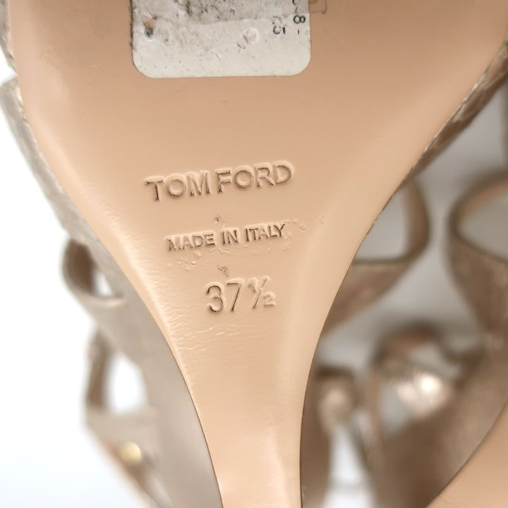 Tom Ford Paradis Cutout Wedge Sandals Champagne Snake-Embossed Leather Size 37.5
