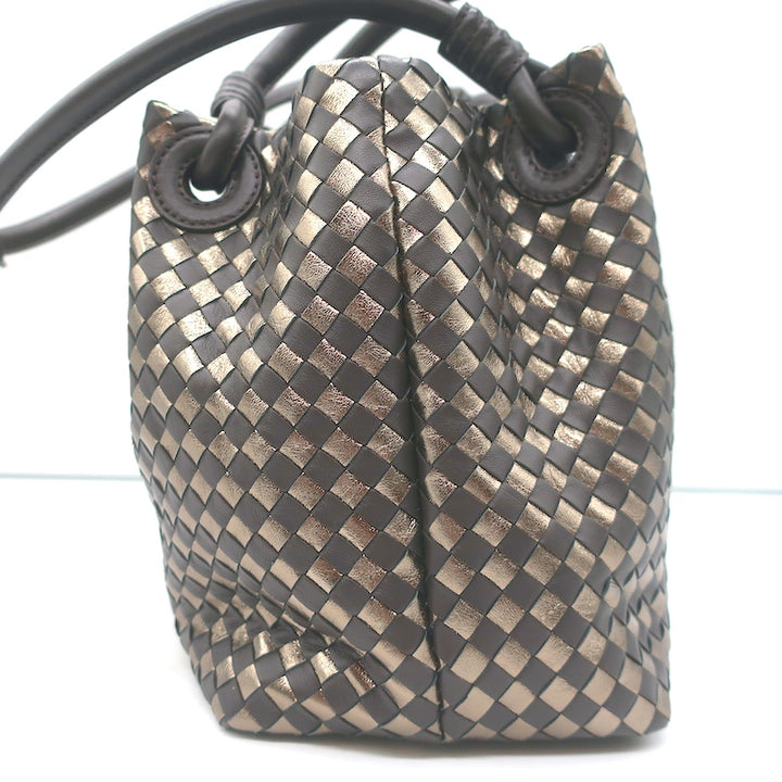 Bottega Giotti Woven Medium Shoulder Bag Gold Metallic &amp; Brown Leather NEW