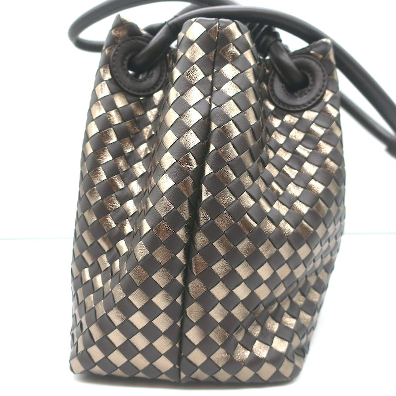 Bottega Giotti Woven Medium Shoulder Bag Gold Metallic &amp; Brown Leather NEW