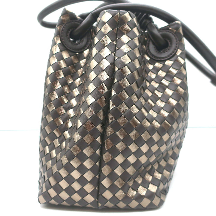 Bottega Giotti Woven Medium Shoulder Bag Gold Metallic &amp; Brown Leather NEW