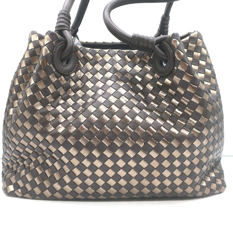 Bottega Giotti Woven Medium Shoulder Bag Gold Metallic &amp; Brown Leather NEW