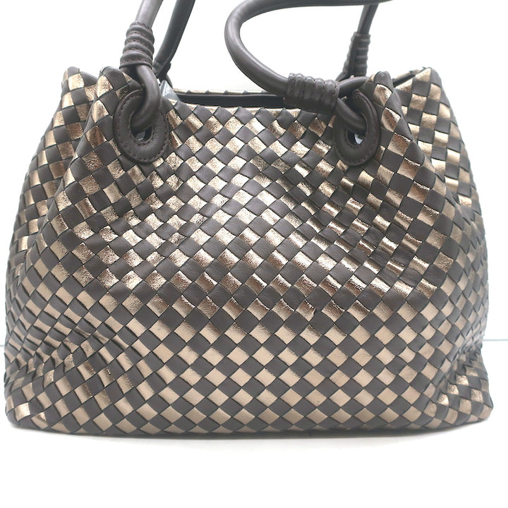 Bottega Giotti Woven Medium Shoulder Bag Gold Metallic &amp; Brown Leather NEW