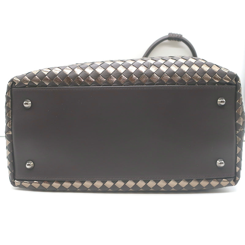 Bottega Giotti Woven Medium Shoulder Bag Gold Metallic &amp; Brown Leather NEW