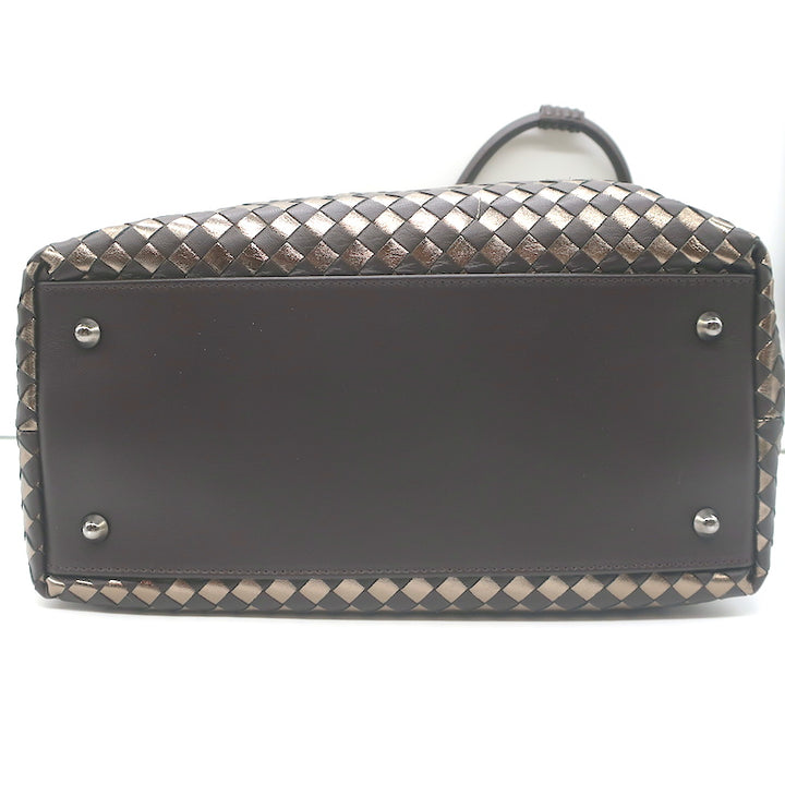 Bottega Giotti Woven Medium Shoulder Bag Gold Metallic &amp; Brown Leather NEW